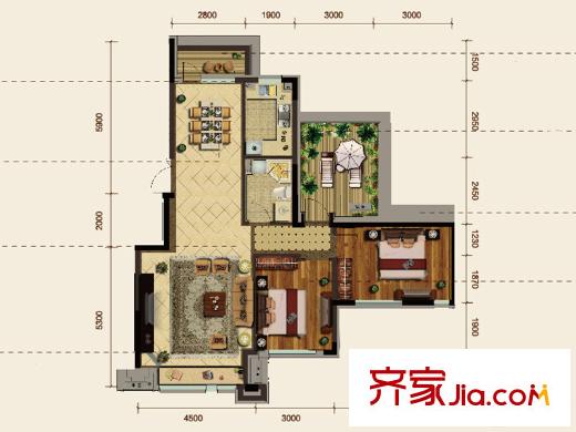 金地檀府中戶7F戶型 2室2廳1衛(wèi)1廚