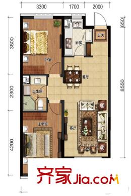 皇姑華潤置地廣場86平米戶型 2室2廳1衛(wèi)1廚