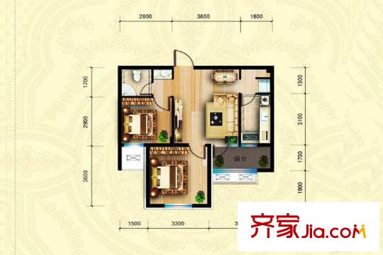坤博幸福城B戶型69.94平米 2室2廳1衛(wèi)1廚