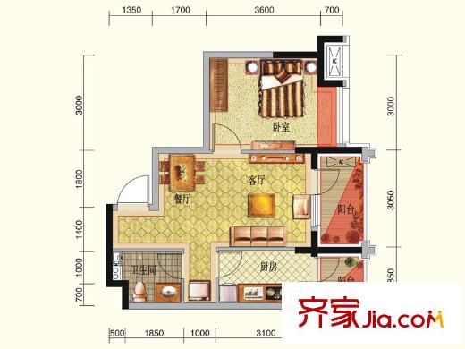 華強城GA-2戶型 1室2廳1衛(wèi)