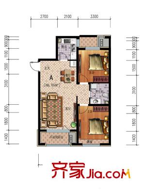 雷明錦程二期A戶型 2室2廳1衛(wèi)1廚