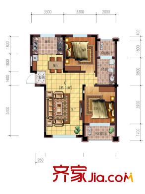 雷明錦程二期A1-2/4# C戶型 2室2廳1衛(wèi)1廚