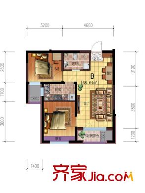 雷明錦程二期A1-6# B戶型 2室2廳1衛(wèi)1廚