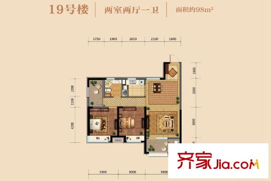 金地悅峰19#98平戶型 2室2廳1衛(wèi)1廚