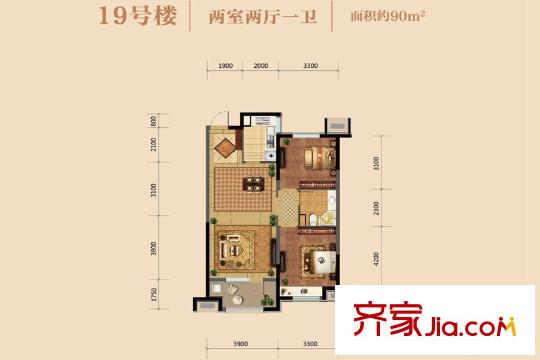 金地悅峰19#90平戶型 2室2廳1衛(wèi)1廚