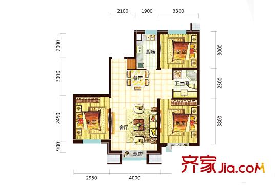 沈陽(yáng)月星國(guó)際城B2戶型 3室2廳1衛(wèi)1廚
