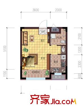 雷明錦程二期A1-2/4# B戶型 1室1衛(wèi)1廚