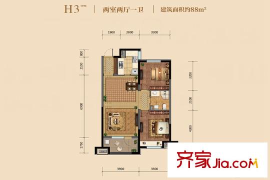 金地悅峰17#H3戶型 2室2廳1衛(wèi)1廚
