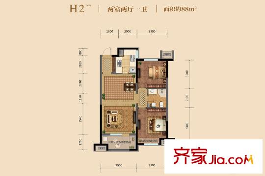 金地悅峰16#H2戶型 2室2廳1衛(wèi)1廚