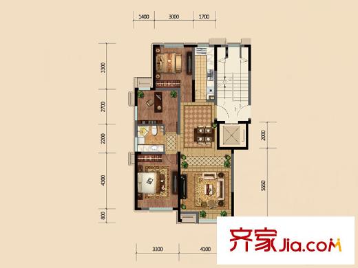 金地悅峰K1戶型 3室2廳1衛(wèi)1廚
