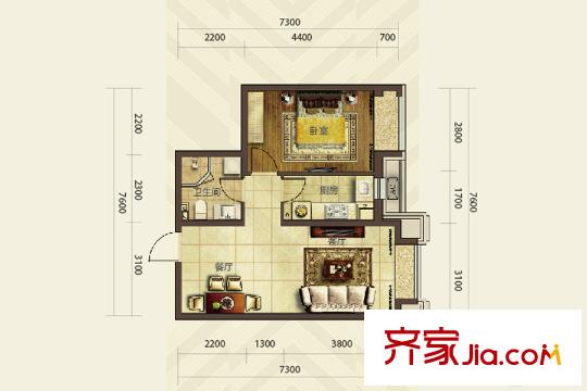 華發(fā)首府15#F戶型 1室2廳1衛(wèi)1廚