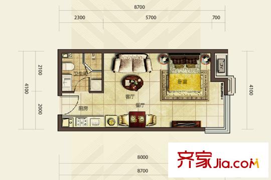 華發(fā)首府15#B戶型 1室1廳1衛(wèi)1廚