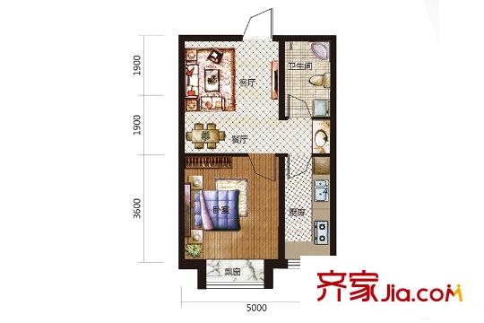 沈陽月星國際城5#A1戶型 1室2廳1衛(wèi)1廚