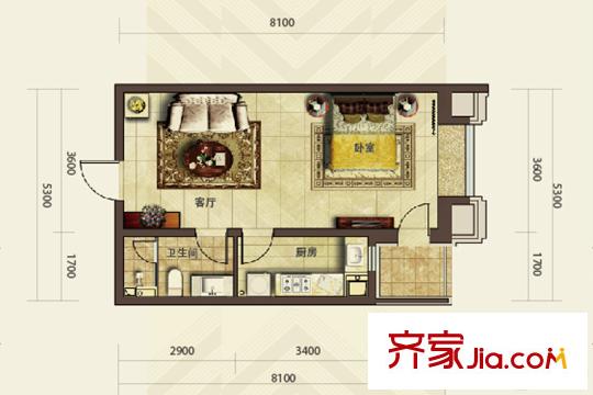 華發(fā)首府15#C戶型 1室1廳1衛(wèi)1廚