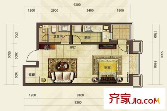 華發(fā)首府15#D戶型 1室1廳1衛(wèi)1廚