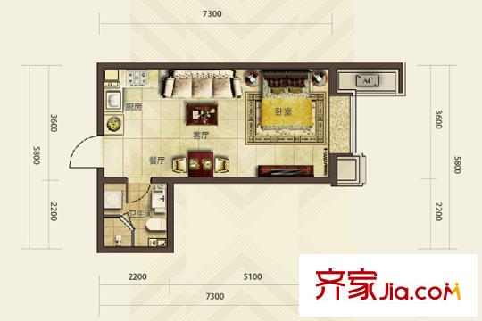 華發(fā)首府15#E戶型 1室1廳1衛(wèi)1廚
