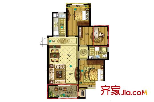 沈陽孔雀城英國宮100平方米戶型圖 3室2廳2衛(wèi)1廚