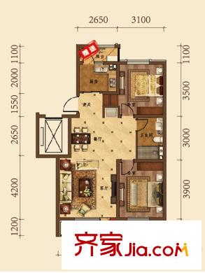 聽(tīng)雨觀(guān)瀾小高B戶(hù)型 2室2廳1衛(wèi)1廚