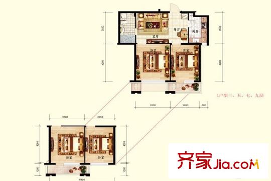 北國(guó)奧林匹克花園L戶型圖 2室2廳1衛(wèi)