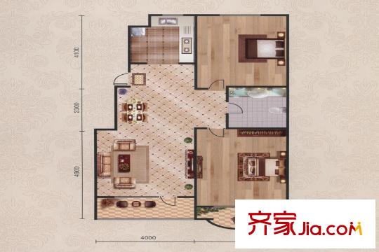 美地莊園B戶型圖 2室2廳1衛(wèi)1廚