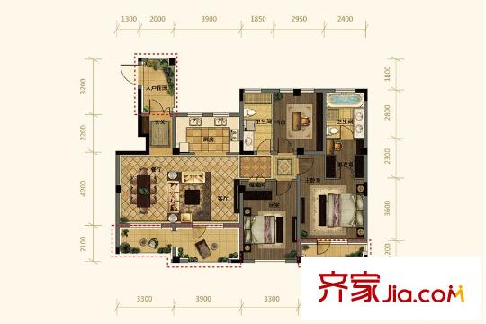 華茂?央墅Q4戶型 3室2廳2衛(wèi)1廚