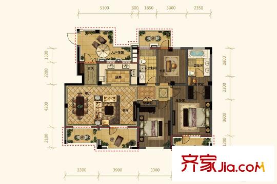 華茂?央墅Q3戶型 3室2廳2衛(wèi)1廚