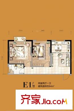 益華御才灣E1戶型 2室2廳1衛(wèi)1廚