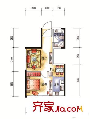 中央學府D戶型 1室2廳1衛(wèi)1廚