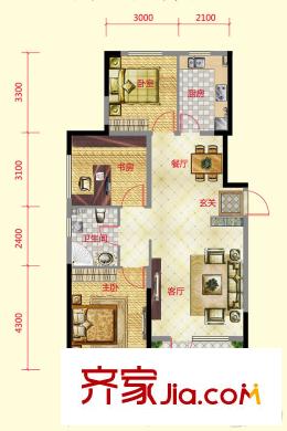保利紫荊公館C戶型 3室2廳1衛(wèi)1廚