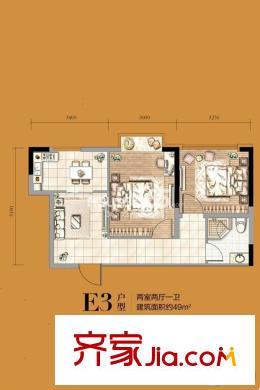 益華御才灣E3戶型 2室2廳1衛(wèi)1廚