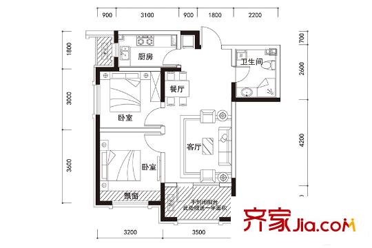 郡原小石城B-2戶型 2室2廳1衛(wèi)1廚