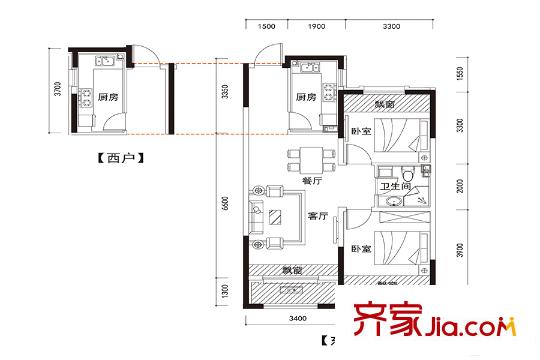 郡原小石城B-3戶型 2室2廳1衛(wèi)1廚