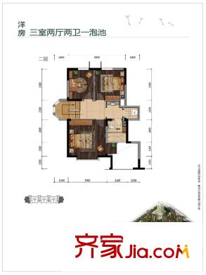 金泰麗舍洋房躍層上層戶型 3室2廳2衛(wèi)1廚