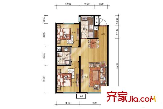 萬科明天廣場13#、14#樓90平方米戶型 2室2廳1衛(wèi)1廚