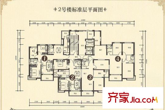 恒大山水城2號樓標準層平面圖 3室2廳2衛(wèi)1廚