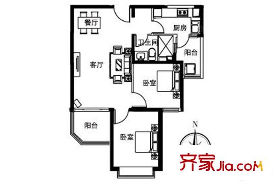 恒大山水城高層標準層91.55平戶型 2室2廳1衛(wèi)1廚