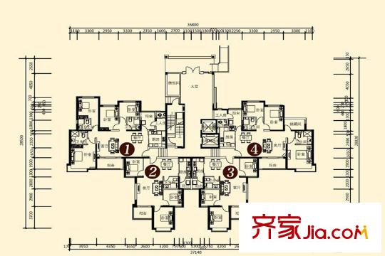 恒大山水城高層標準層層平面圖 3室2廳1衛(wèi)1廚