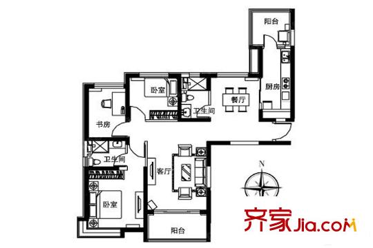 恒大山水城高層標準層127.75平戶型 3室2廳2衛(wèi)1廚