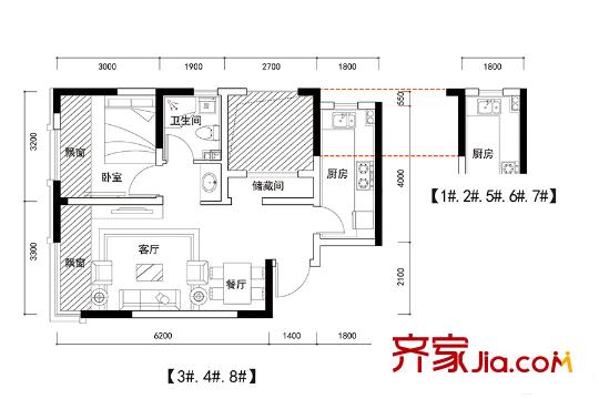 郡原小石城B-1戶型 2室2廳1衛(wèi)1廚