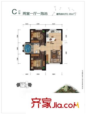金泰麗舍高層標(biāo)準(zhǔn)層C戶型 2室1廳1衛(wèi)1廚