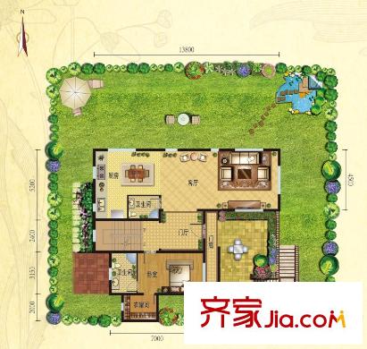 綠洲灣8號(hào)獨(dú)棟別墅F戶型一層 1室2廳2衛(wèi)1廚