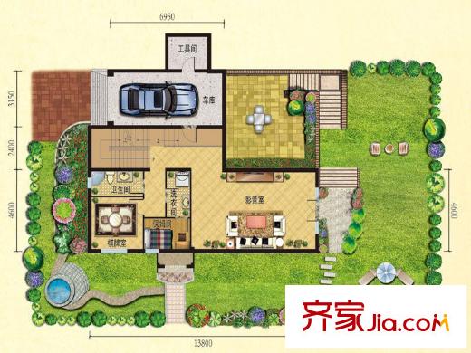 綠洲灣8號(hào)獨(dú)棟別墅E戶型花園層 2室