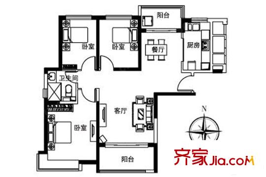 恒大山水城高層標準層120.07平戶型 3室2廳1衛(wèi)1廚