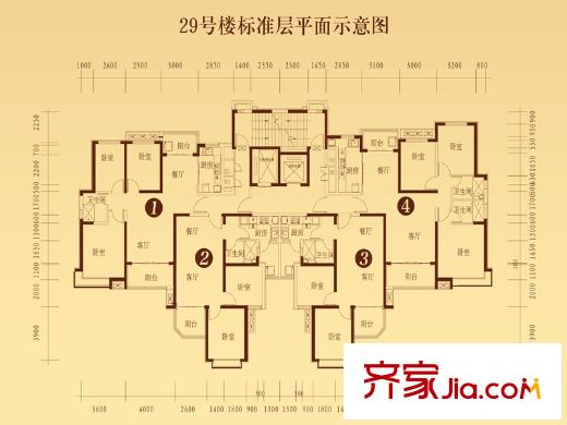 恒大山水城28號樓標準層平面示意圖 3室2廳1衛(wèi)1廚