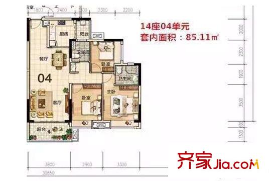 美的翰城14座04單元約85平方米（套內(nèi)）戶型 3室2廳2衛(wèi)1廚