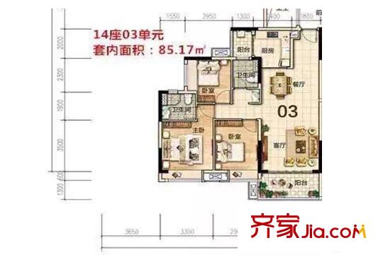 美的翰城14座03单元约85平方米(套内)户型 3室2厅2卫1厨