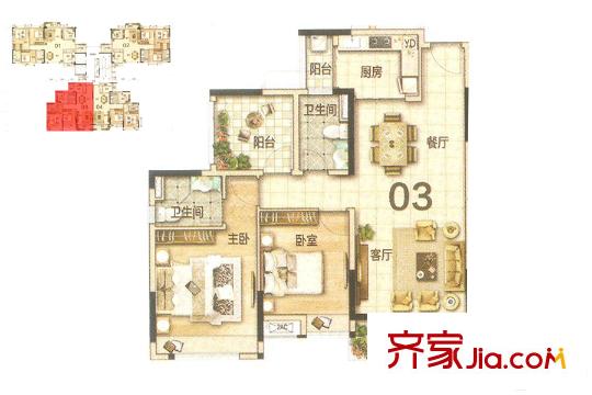 美的翰城7座03戶型83平方米（套內(nèi)） 2室2廳2衛(wèi)1廚