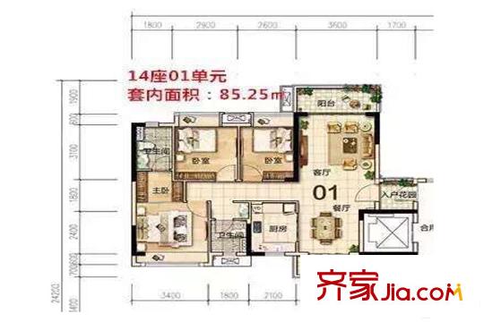 美的翰城14座01單元約85平方米（套內(nèi)）戶型 3室2廳2衛(wèi)1廚