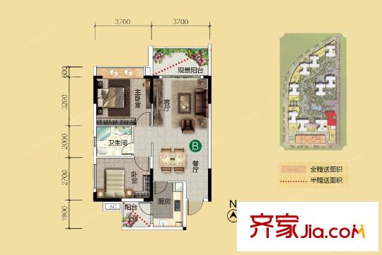 樵匯花園4座B戶型82平方米 2室2廳1衛(wèi)1廚