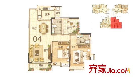 美的翰城8座04戶型83平方米（套內(nèi)） 2室2廳2衛(wèi)1廚